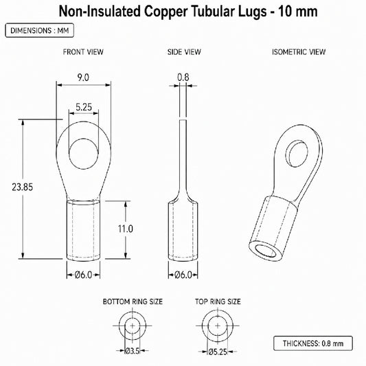 Non-Insulated Copper Tubular Lugs -10mm