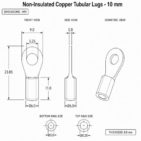 Non-Insulated Copper Tubular Lugs -10mm