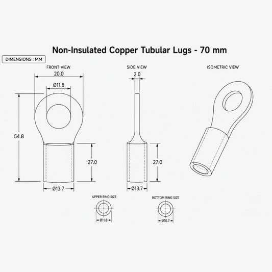 Non-Insulated Copper Tubular Lugs -70 mm