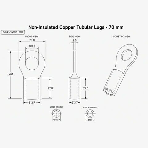 Non-Insulated Copper Tubular Lugs -70 mm