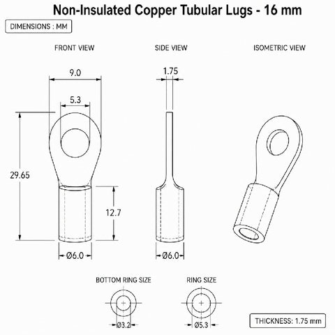 Non-Insulated Copper Tubular Lugs - 16 mm
