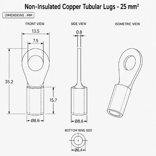 Non-Insulated Copper Tubular Lugs - 25 mm
