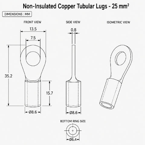 Non-Insulated Copper Tubular Lugs - 25 mm