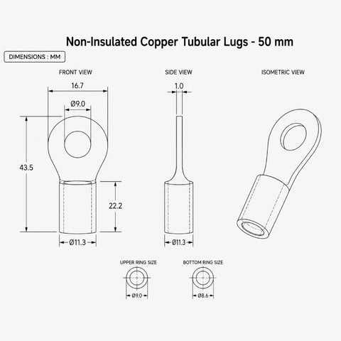 Non-Insulated Copper Tubular Lugs - 50 mm