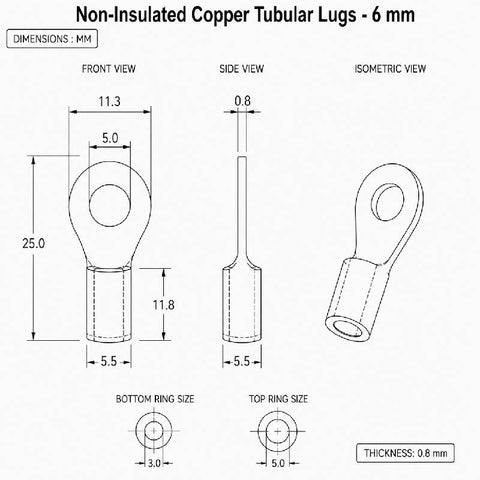 Non-Insulated Copper Tubular Lugs - 6mm
