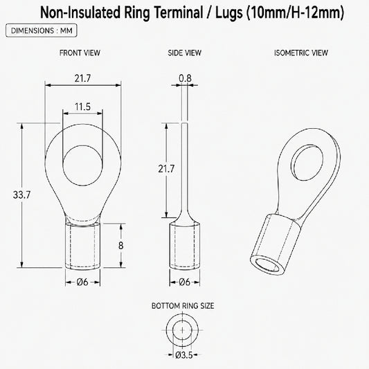 Non-Insulated Ring Terminal / Lugs (10mm/H-12mm)