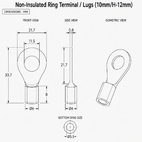 Non-Insulated Ring Terminal / Lugs (10mm/H-12mm)