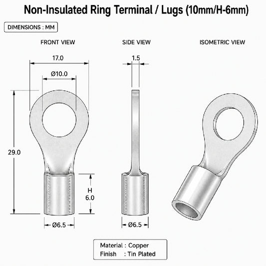 Non-Insulated Ring Terminal / Lugs (10mm/H-6mm)