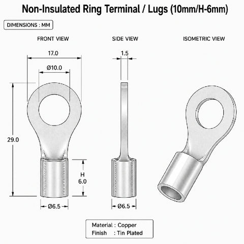 Non-Insulated Ring Terminal / Lugs (10mm/H-6mm)
