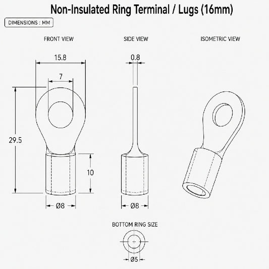 Non-Insulated Ring Terminal / Lugs (16mm)