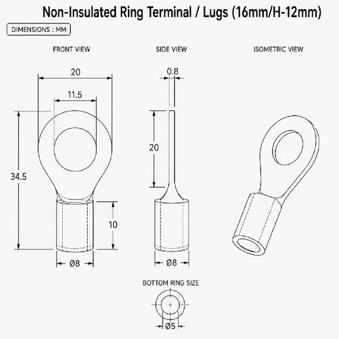 Non-Insulated Ring Terminal / Lugs (16mm/H-12mm)