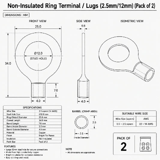 Non-Insulated Ring Terminal / Lugs (2.5mm/12mm) (Pack of 2)