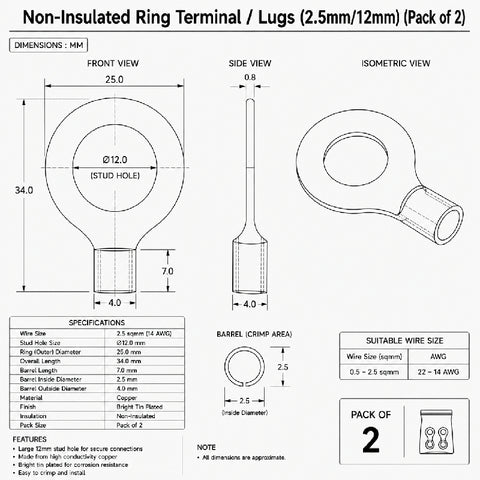 Non-Insulated Ring Terminal / Lugs (2.5mm/12mm) (Pack of 2)