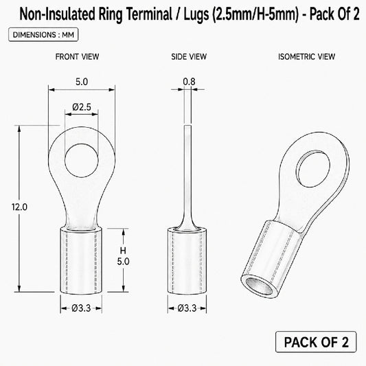 Non-Insulated Ring Terminal / Lugs (2.5mm/H-5mm) - Pack of 2