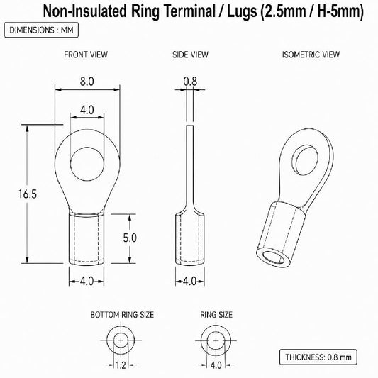 Non-Insulated Ring Terminal / Lugs (2.5mm/H-5mm) - Pack of 2