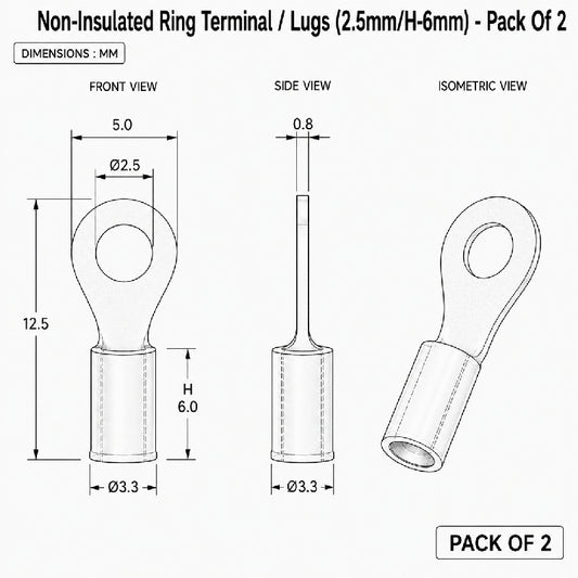 Non-Insulated Ring Terminal / Lugs (2.5mm/H-6mm) - Pack of 2