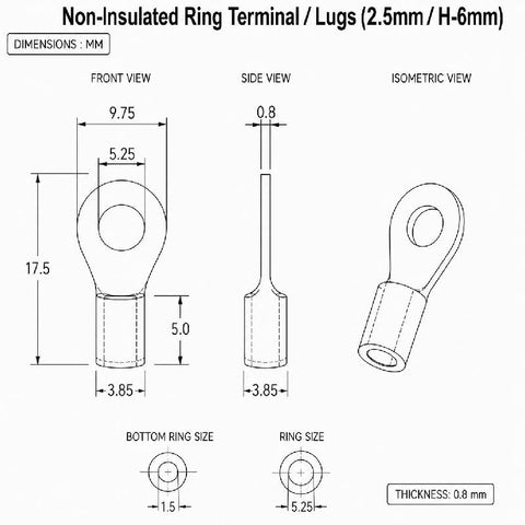 Non-Insulated Ring Terminal / Lugs (2.5mm/H-6mm) - Pack of 2