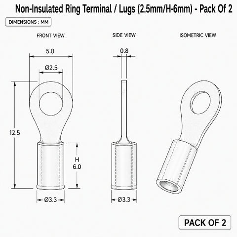Non-Insulated Ring Terminal / Lugs (2.5mm/H-6mm) - Pack of 2