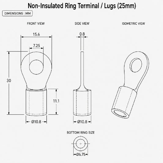Non-Insulated Ring Terminal / Lugs (25mm)