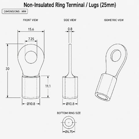 Non-Insulated Ring Terminal / Lugs (25mm)