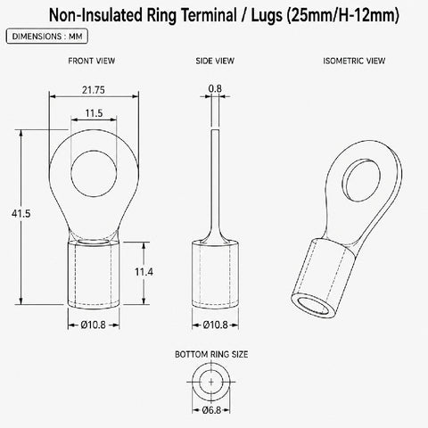 Non-Insulated Ring Terminal / Lugs (25mm/H-12mm)