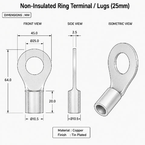 Non-Insulated Ring Terminal / Lugs (25mm)
