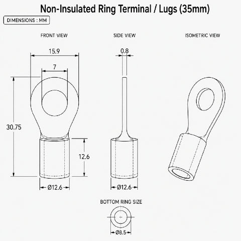 Non-Insulated Ring Terminal / Lugs (35mm)