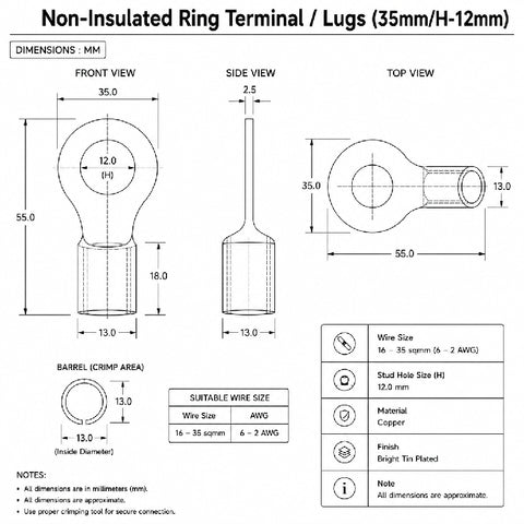 Non-Insulated Ring Terminal / Lugs (35mm/H-12mm)