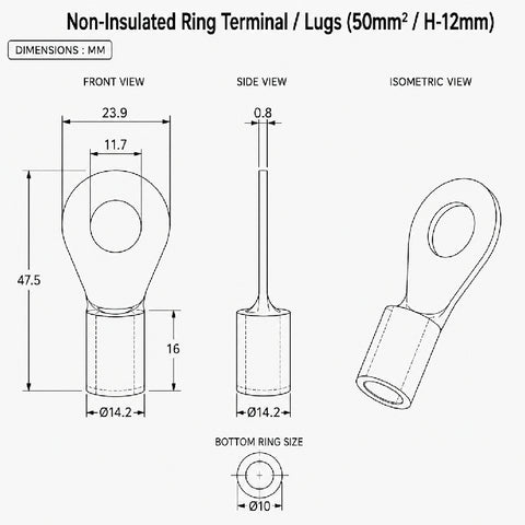 Non-Insulated Ring Terminal / Lugs (50mm/H-12mm)