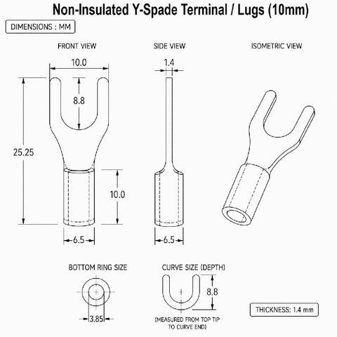 Non-Insulated Y-Spade Terminal / Lugs (10mm)