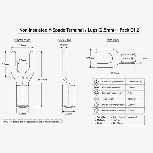 Non-Insulated Y-Spade Terminal / Lugs (2.5mm) - Pack Of 2