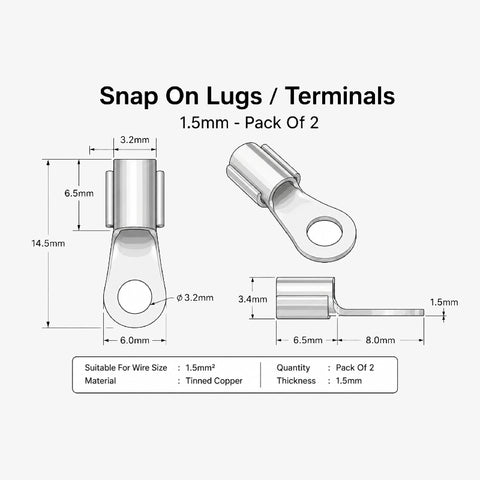 Snap On Lugs / Terminals 1.5mm - Pack Of 2