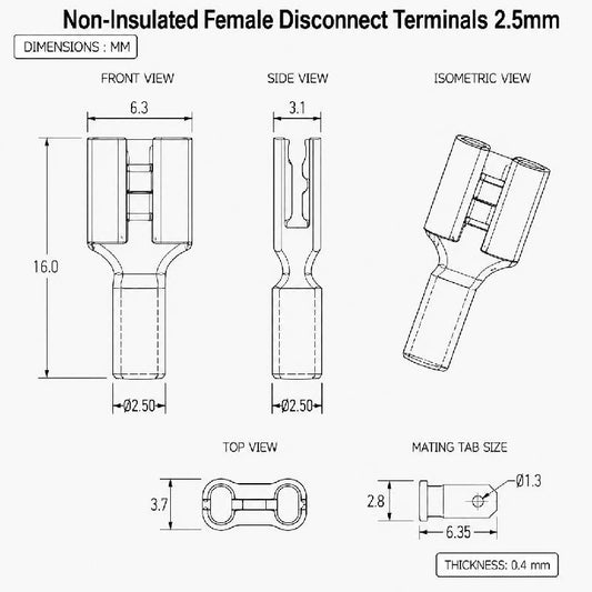 Snap On Lugs / Terminals 2.5mm - Pack Of 2