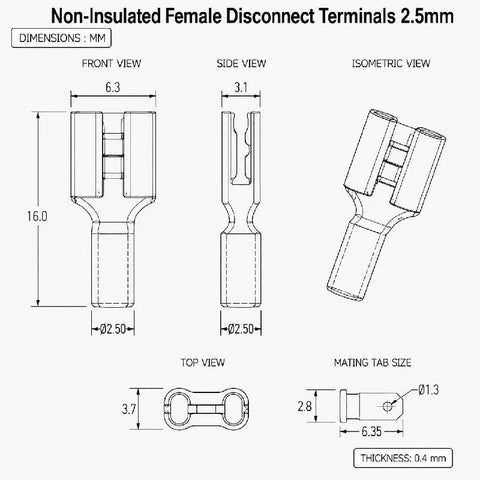 Snap On Lugs / Terminals 2.5mm - Pack Of 2