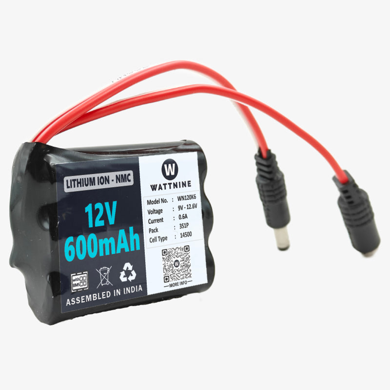 WATTNINE® 12V 600mAh Rechargeable Lithium Battery Pack