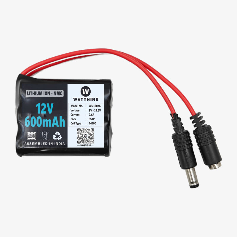WATTNINE® 12V 600mAh Rechargeable Lithium Battery Pack with Warranty