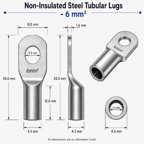 Non-Insulated Copper Tubular Lugs - 6mm