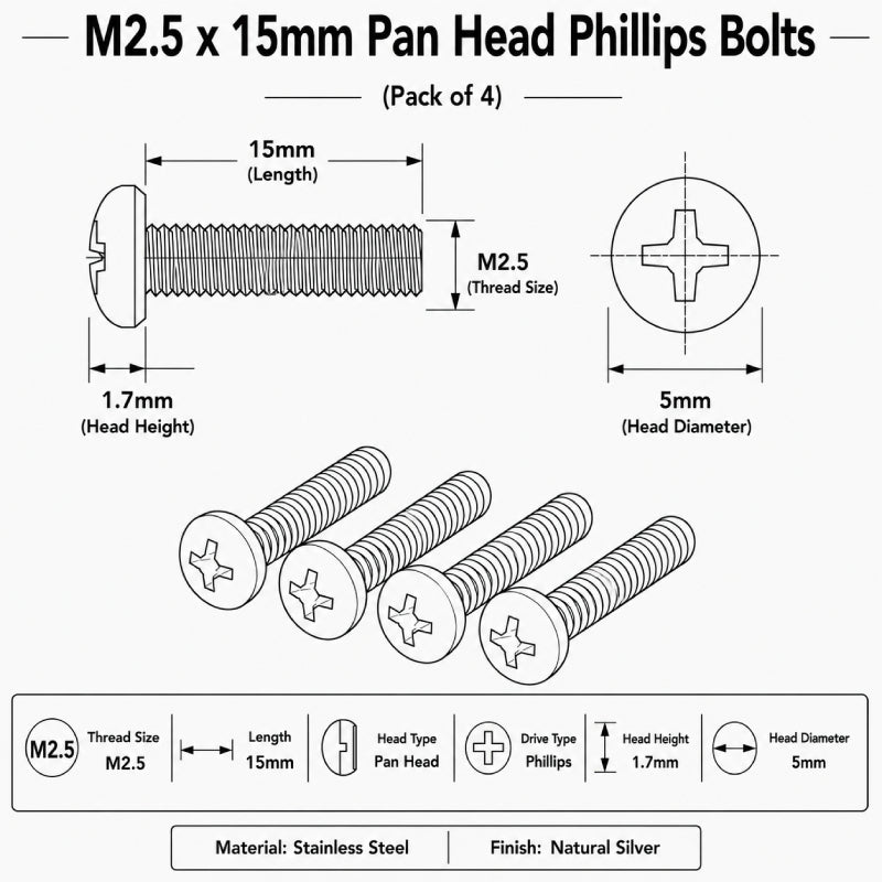 M2.5 x 15mm Pan Head Phillips Bolts (Pack of 4)