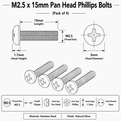 M2.5 x 15mm Pan Head Phillips Bolts (Pack of 4)