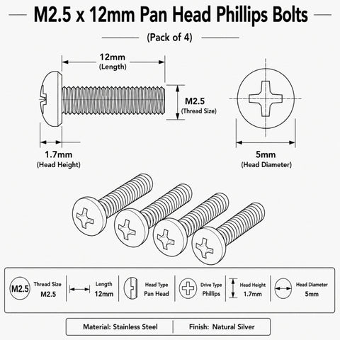 M2.5 x 12mm Pan Head Phillips Bolts (Pack of 4)