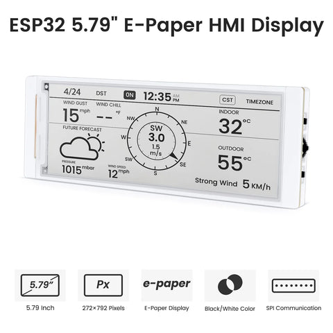 CrowPanel ESP32 5.79inch E-paper HMI Display with 272*792 Resolution Black/White Color Driven By SPI Interface