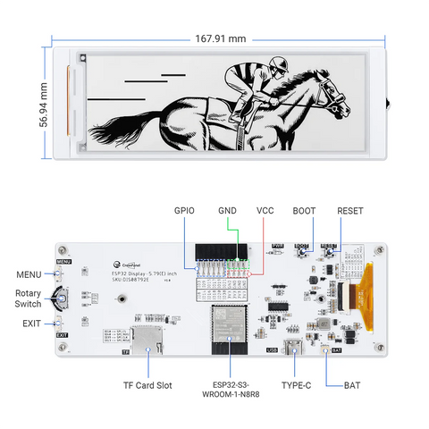 CrowPanel ESP32 5.79inch E-paper HMI Display with 272*792 Resolution Black/White Color Driven By SPI Interface