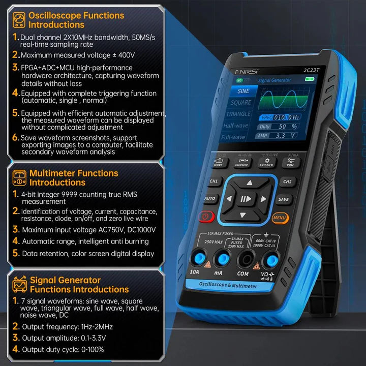 FNIRSI® 2C23T Plus Handheld Dual Channel 3-in-1 10MHz 50MS/s Oscilloscope Multimeter 