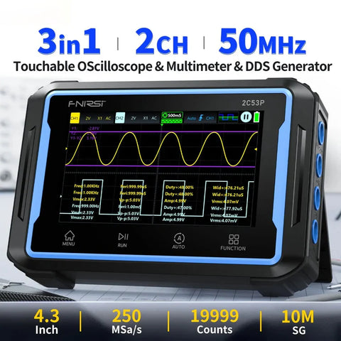 FNIRSI® 2C53P 3-IN-1 50MHz 250MS/s Dual Channel Tablet Touchable Oscilloscope Multimeter DDS Generator