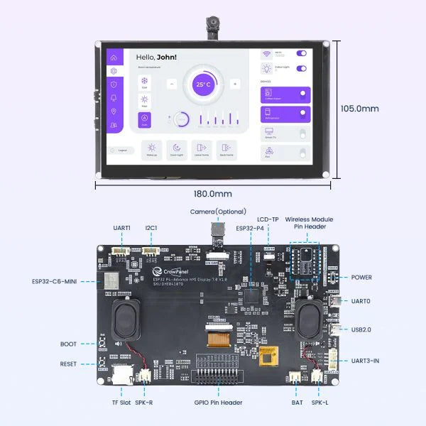 CrowPanel Advanced 7inch ESP32-P4 HMI AI Display 1024x600 IPS Touch Screen with WiFi 6 Compatible with Arduino/LVGL - Without Camera