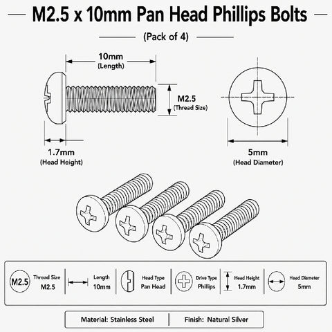 M2.5 x 10mm Pan Head Phillips Bolts (Pack of 4)