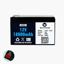Load image into Gallery viewer, WATTNINE® 12V 18Ah Lithium Battery Pack - LiFePo4 Battery with 1 year Warranty