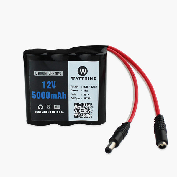 WATTNINE® 12V 5000mAh Lithium (NMC) Battery Pack with warranty - 3C High Current 26700 Cells with BMS