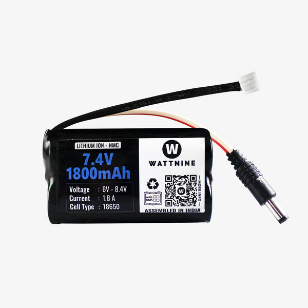 WATTNINE® 7.4V 1800mAh Rechargeable Lithium Battery Pack with Warranty (Includes BMS & Balance Pin) - 2S 1P