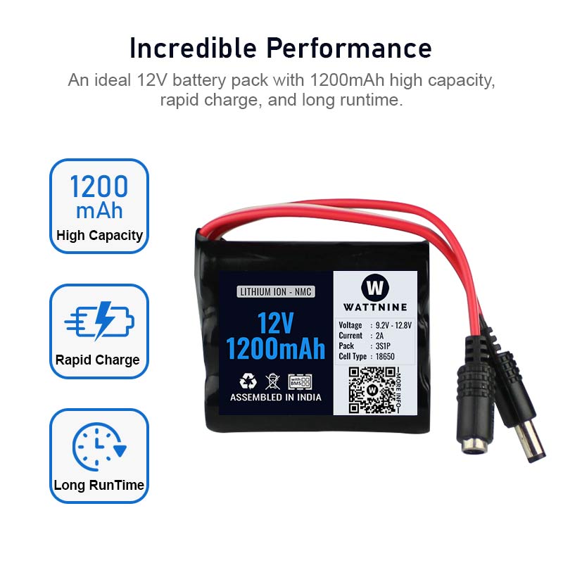WATTNINE® 12V 1200mAh Rechargeable Lithium Battery with Warranty for GPS, CCTV, Industrial and Commercial Application